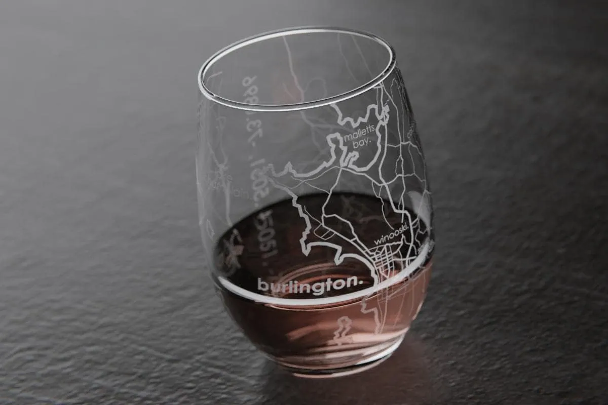 Engraved Burlington Vermont Map Stemless Wine Glass, Etched Glass (15 oz, Clear) City Custom Gifts for Lovers