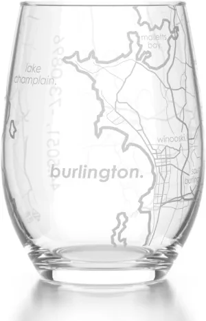 Engraved Burlington Vermont Map Stemless Wine Glass, Etched Glass (15 oz, Clear) City Custom Gifts for Lovers