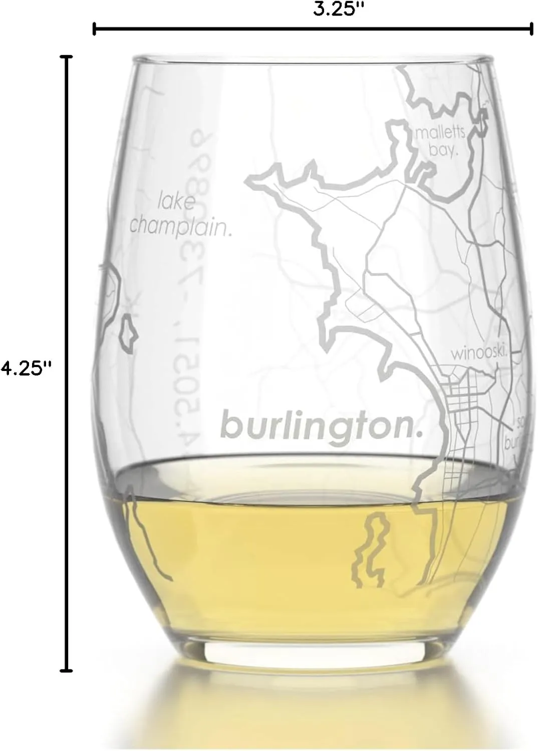 Engraved Burlington Vermont Map Stemless Wine Glass, Etched Glass (15 oz, Clear) City Custom Gifts for Lovers