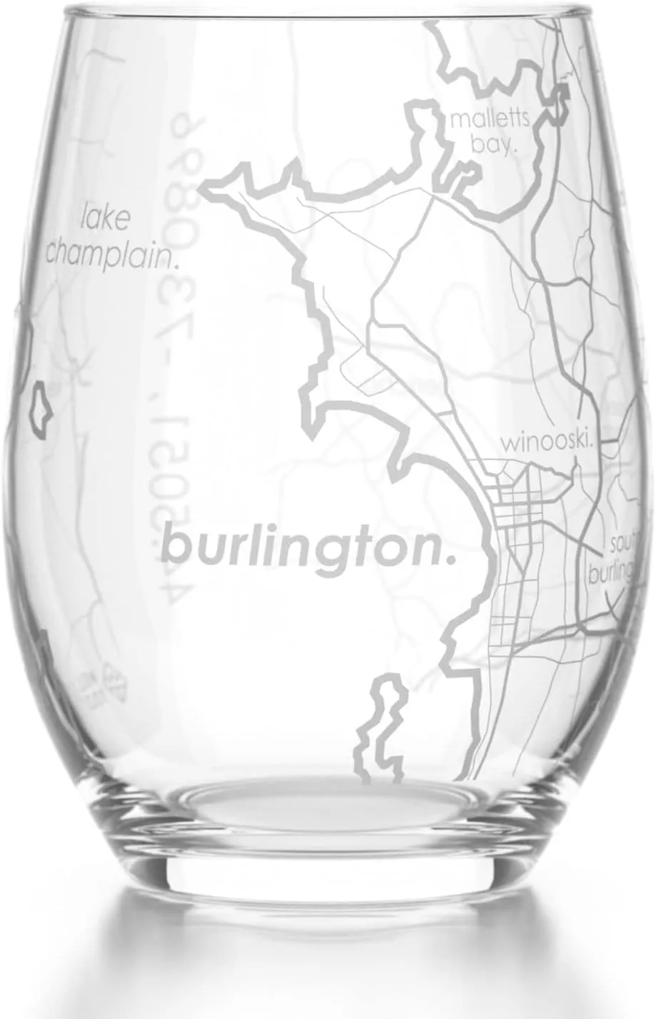 Engraved Burlington Vermont Map Stemless Wine Glass, Etched Glass (15 oz, Clear) City Custom Gifts for Lovers