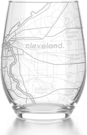 Engraved Cleveland Ohio Map Stemless Wine Glass, Etched Glass (15 oz, Clear) City Custom Gifts for Lovers
