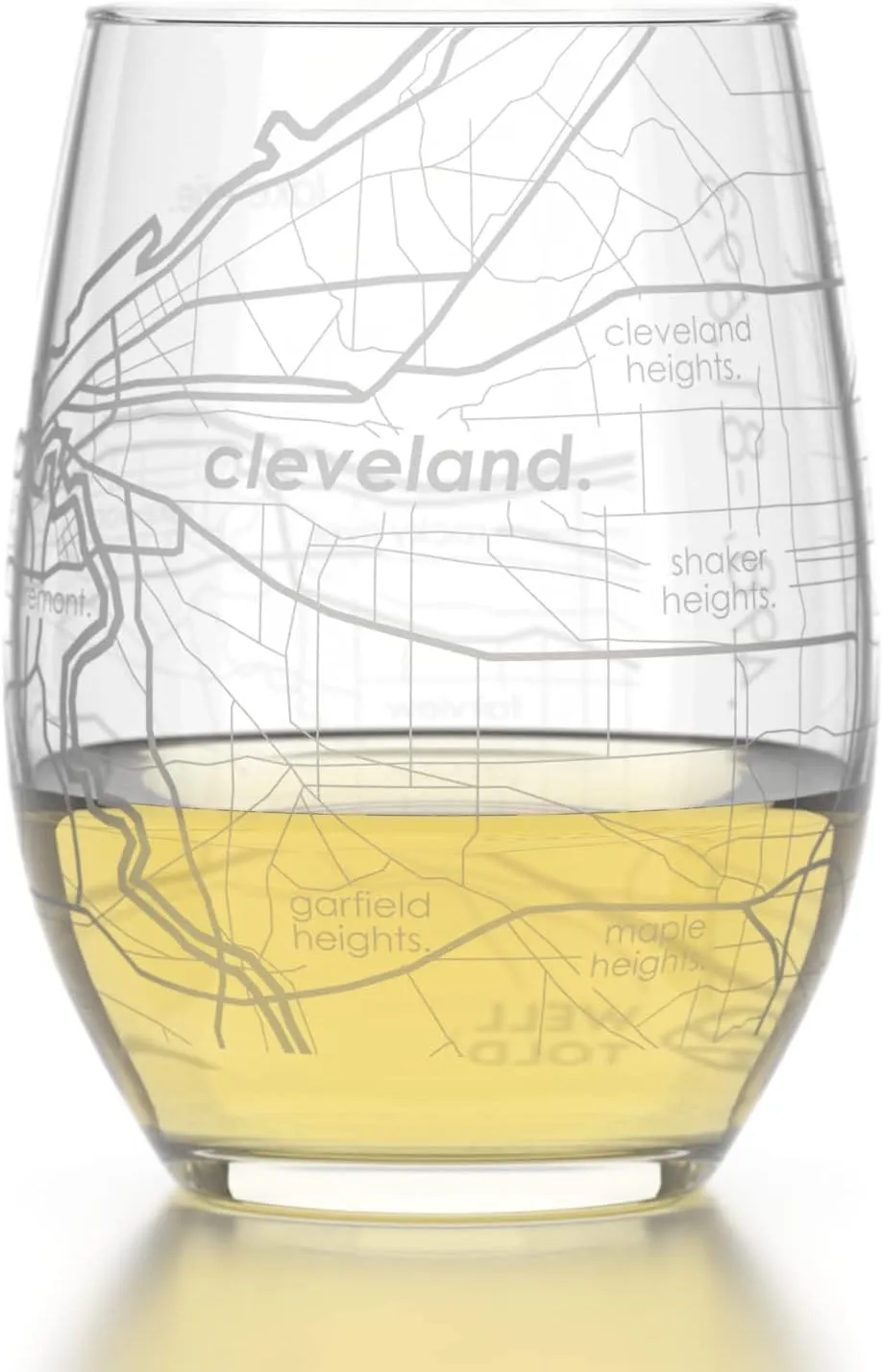 Engraved Cleveland Ohio Map Stemless Wine Glass, Etched Glass (15 oz, Clear) City Custom Gifts for Lovers