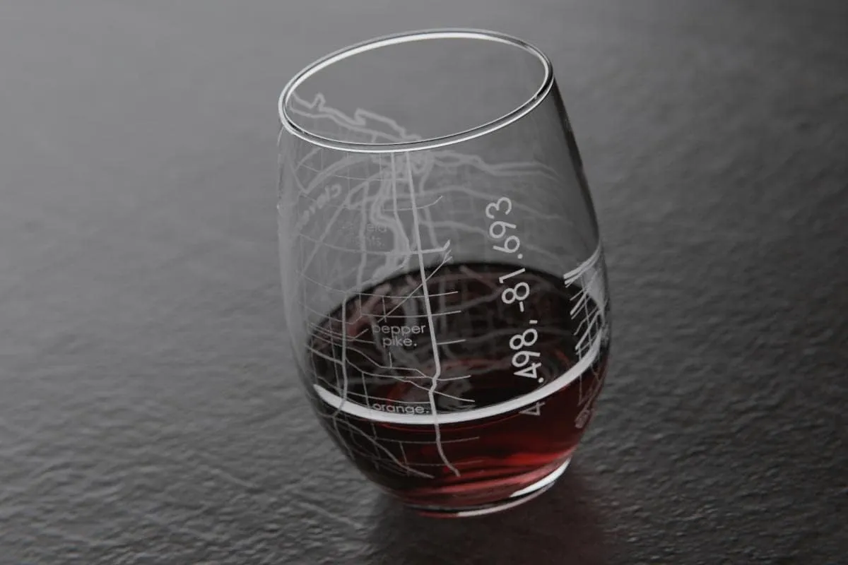 Engraved Cleveland Ohio Map Stemless Wine Glass, Etched Glass (15 oz, Clear) City Custom Gifts for Lovers