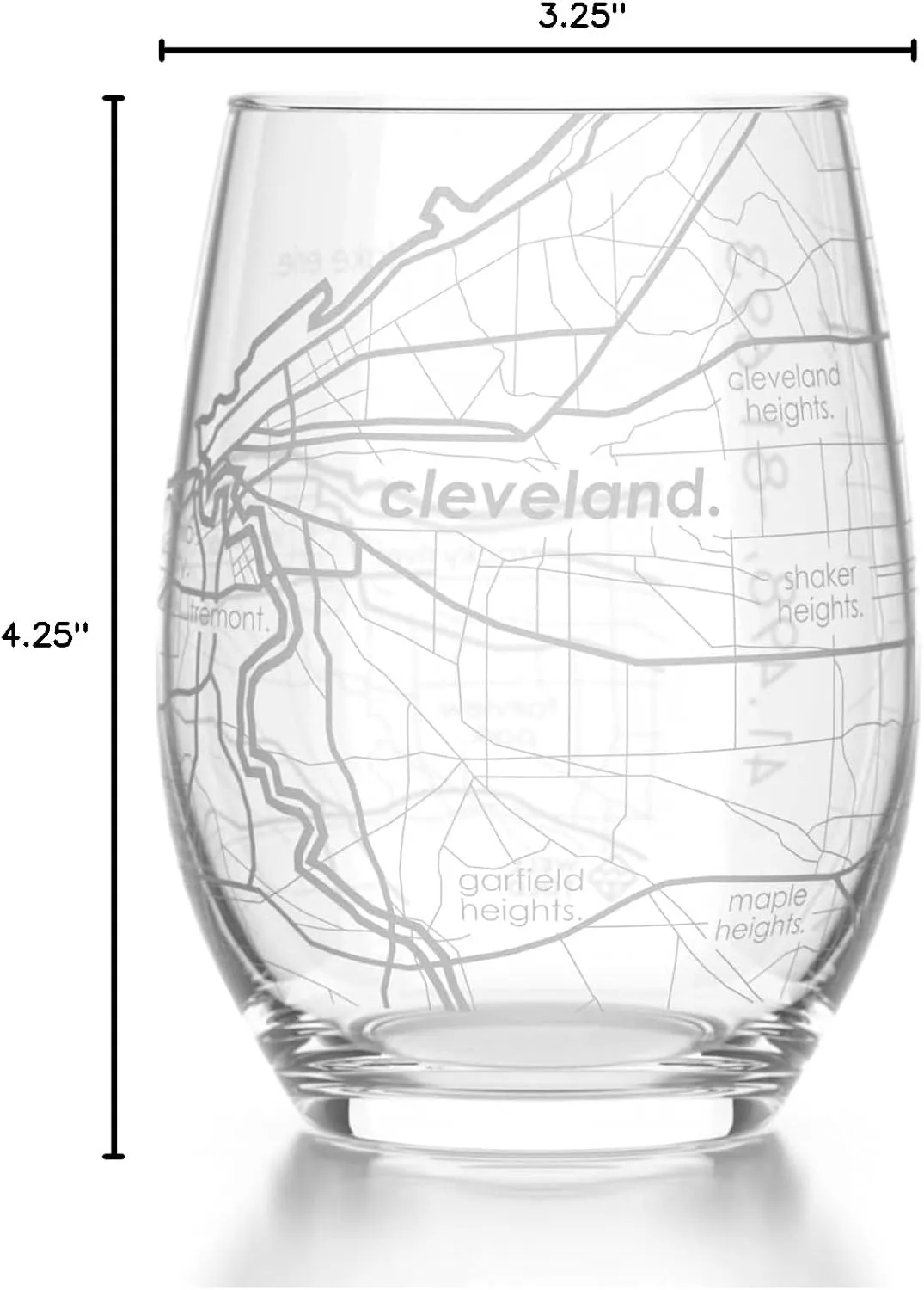 Engraved Cleveland Ohio Map Stemless Wine Glass, Etched Glass (15 oz, Clear) City Custom Gifts for Lovers