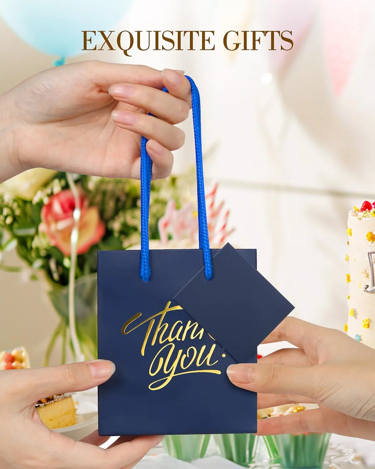 EQOREIIN 50 Pcs Navy Small Gift Bags with Handles 4 x 2.75 x 4.5 Inches Mini Thank You Gift Bags Party Favor Bags Kraft Paper Bags Bulk for Mother's Day Baby Shower Birthday(Navy)