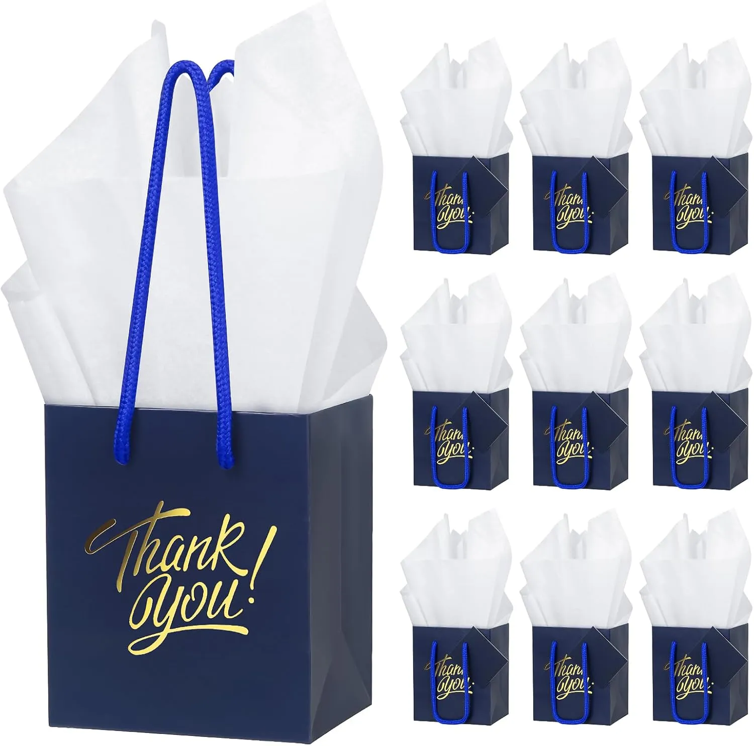 EQOREIIN 50 Pcs Navy Small Gift Bags with Handles 4 x 2.75 x 4.5 Inches Mini Thank You Gift Bags Party Favor Bags Kraft Paper Bags Bulk for Mother's Day Baby Shower Birthday(Navy)