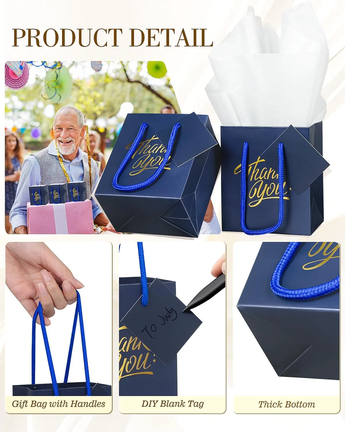 EQOREIIN 50 Pcs Navy Small Gift Bags with Handles 4 x 2.75 x 4.5 Inches Mini Thank You Gift Bags Party Favor Bags Kraft Paper Bags Bulk for Mother's Day Baby Shower Birthday(Navy)