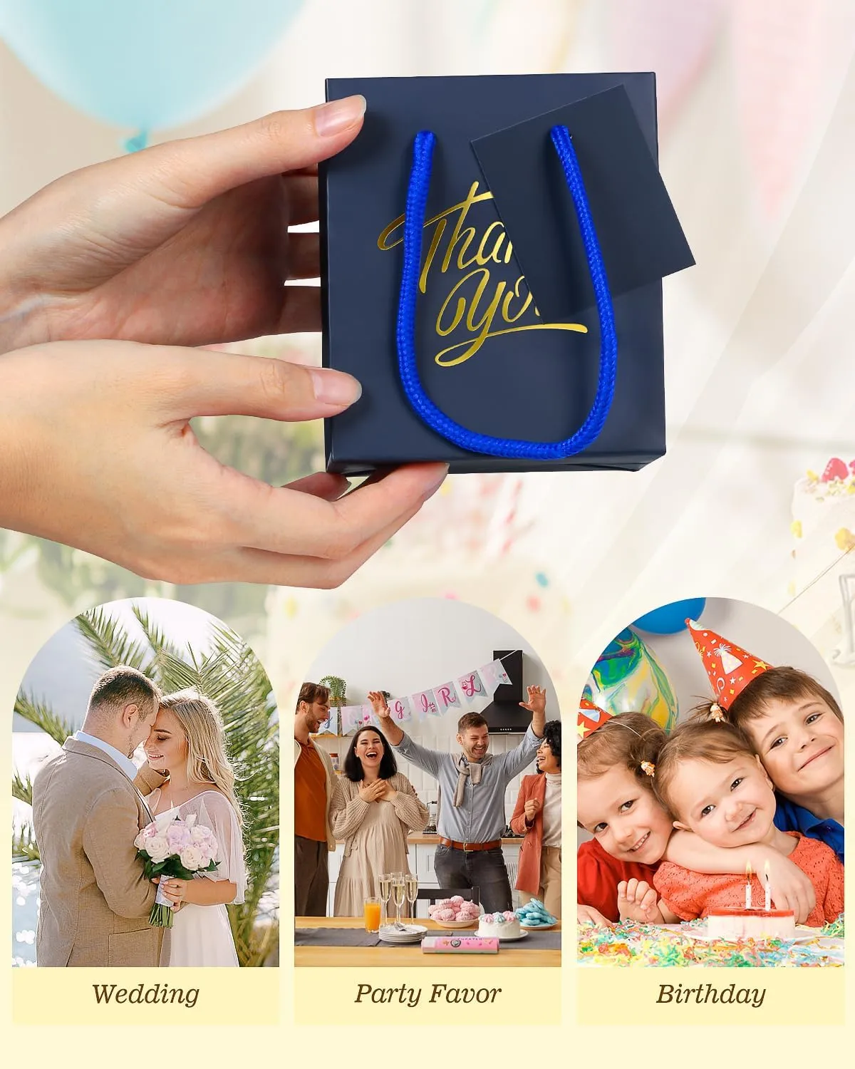 EQOREIIN 50 Pcs Navy Small Gift Bags with Handles 4 x 2.75 x 4.5 Inches Mini Thank You Gift Bags Party Favor Bags Kraft Paper Bags Bulk for Mother's Day Baby Shower Birthday(Navy)
