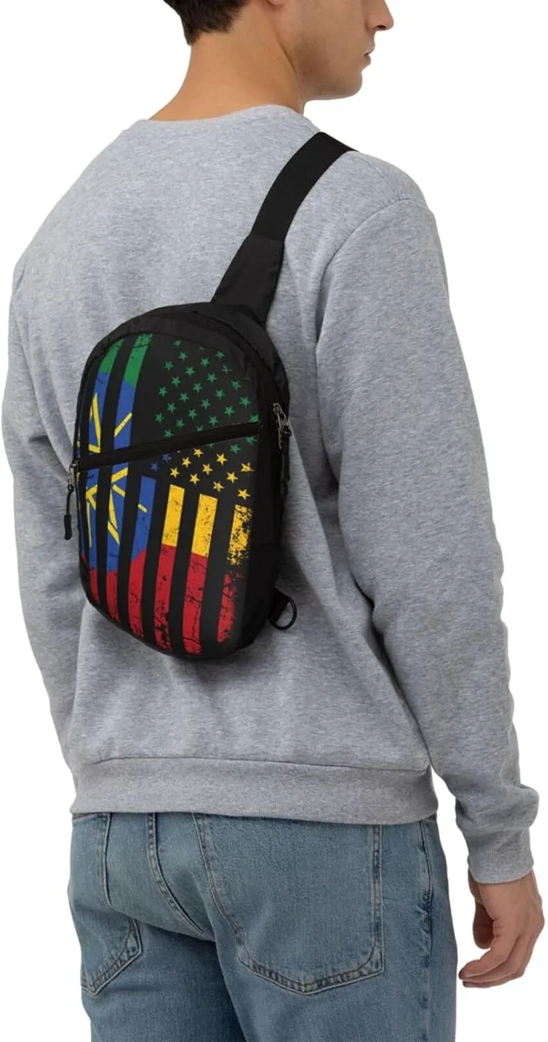 Ethiopian American Flag Ethiopian Roots Portable Crossbody Bag Foldable Sling Bags Sports Gym Chest Daypack Reusable Shoulder Backpack Casual Diagonally Rucksack Fanny Packs