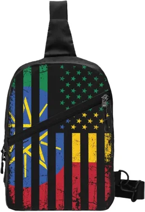 Ethiopian American Flag Ethiopian Roots Portable Crossbody Bag Foldable Sling Bags Sports Gym Chest Daypack Reusable Shoulder Backpack Casual Diagonally Rucksack Fanny Packs