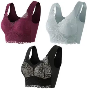 Everyday Bras for Women Lace Beauty Back Smoothing Bra Comfort-Strap Wireless Bra Underwear Plus Size Bra 3PC