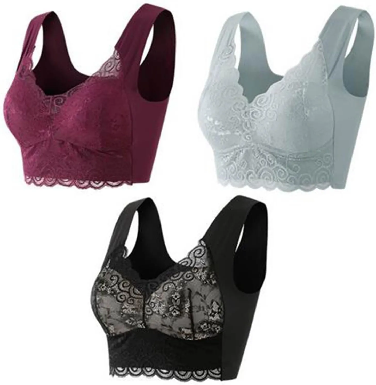 Everyday Bras for Women Lace Beauty Back Smoothing Bra Comfort-Strap Wireless Bra Underwear Plus Size Bra 3PC