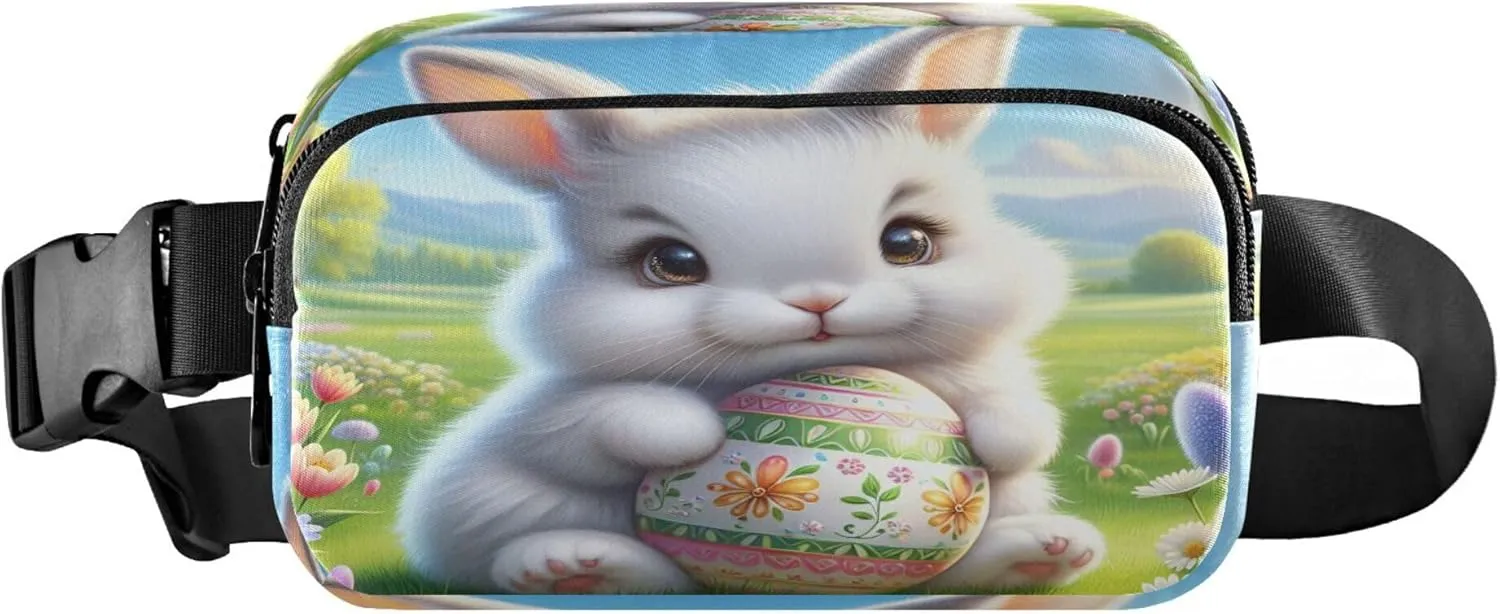 Exnundod Fanny Packs for Women & Men White Bunny Spring Grass, Waist Pack Happy Easter Crossbody Bags Belt Adjustable Strap for Running Hiking Workout