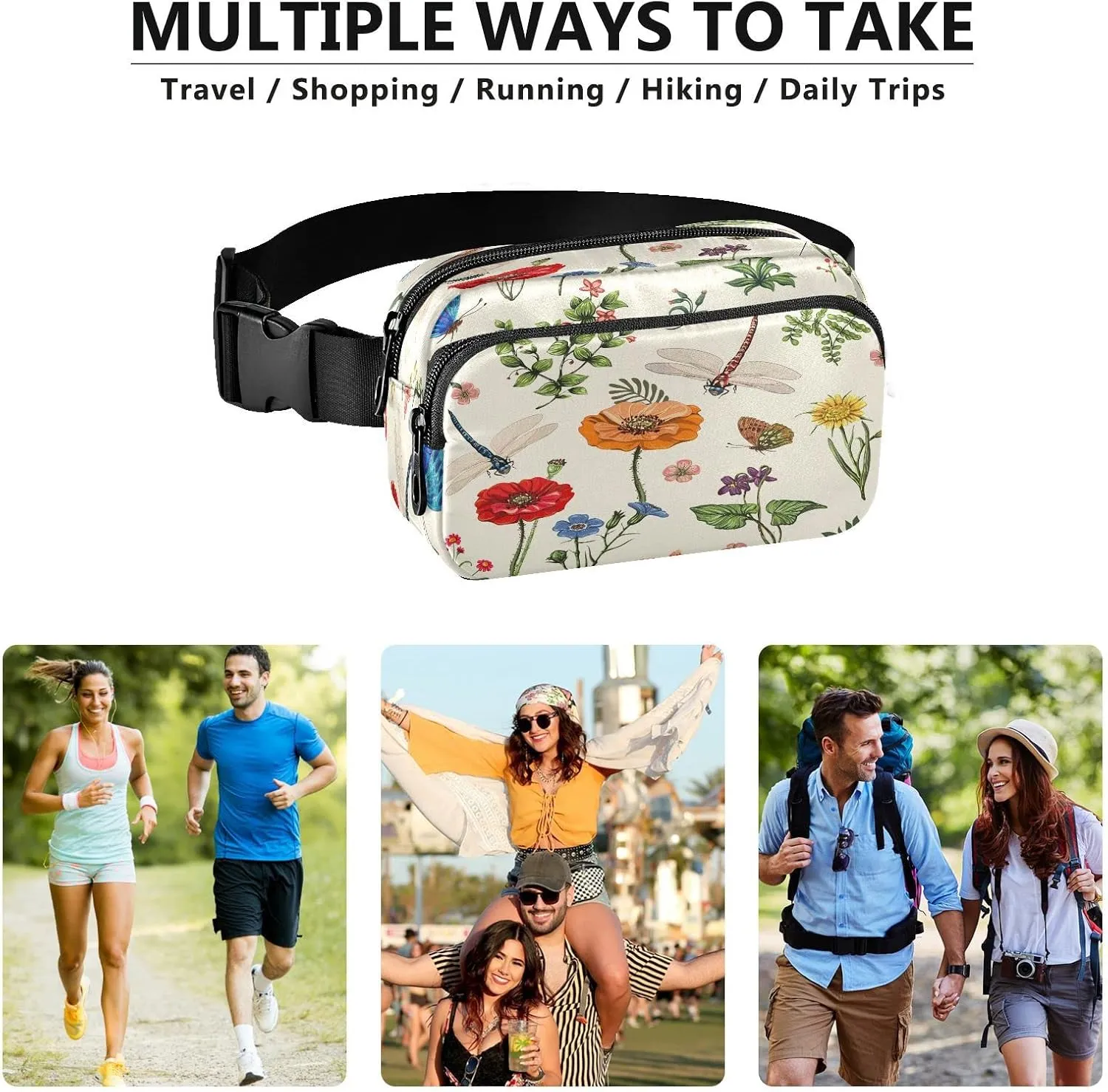 Exnundod Fanny Waist Pack for Women Man Spring Floral Dragonfly Crossbody Bag Butterfly Leaves Waist Bag for Casual Running Hiking Adjustable Belt Bum Bag