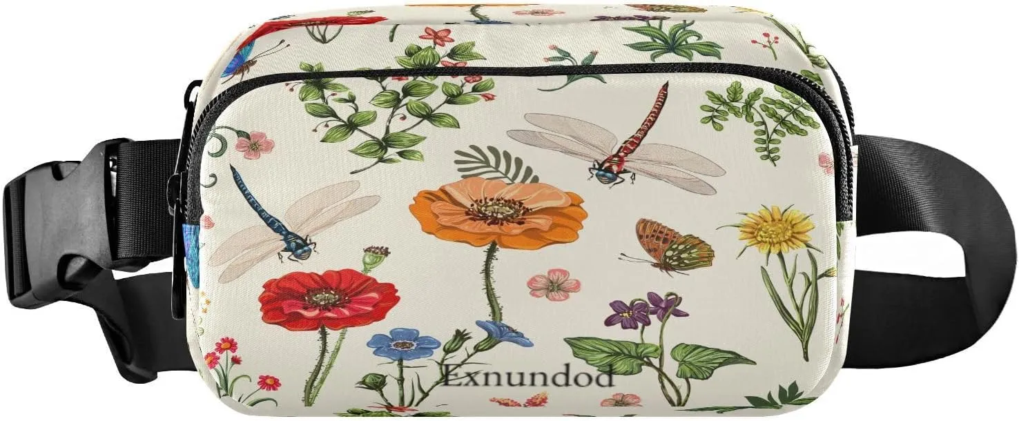 Exnundod Fanny Waist Pack for Women Man Spring Floral Dragonfly Crossbody Bag Butterfly Leaves Waist Bag for Casual Running Hiking Adjustable Belt Bum Bag