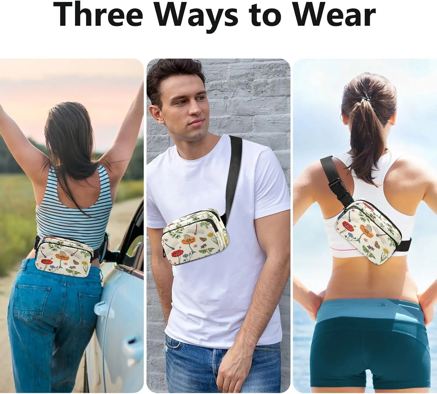 Exnundod Fanny Waist Pack for Women Man Spring Floral Dragonfly Crossbody Bag Butterfly Leaves Waist Bag for Casual Running Hiking Adjustable Belt Bum Bag