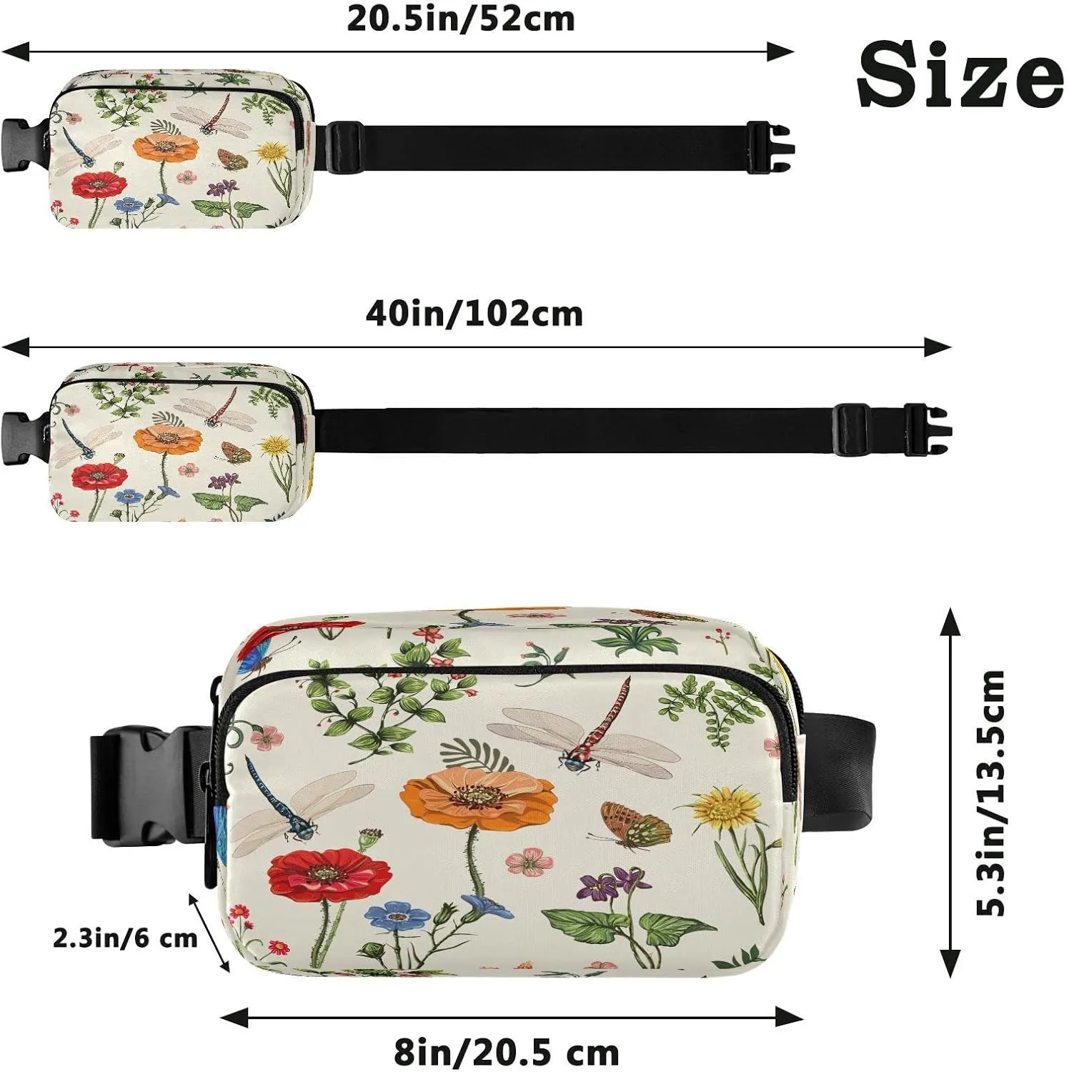 Exnundod Fanny Waist Pack for Women Man Spring Floral Dragonfly Crossbody Bag Butterfly Leaves Waist Bag for Casual Running Hiking Adjustable Belt Bum Bag