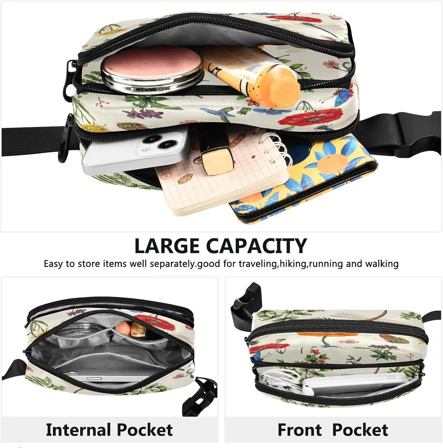 Exnundod Fanny Waist Pack for Women Man Spring Floral Dragonfly Crossbody Bag Butterfly Leaves Waist Bag for Casual Running Hiking Adjustable Belt Bum Bag