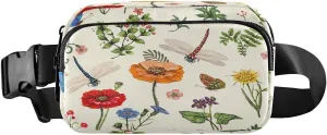 Exnundod Fanny Waist Pack for Women Man Spring Floral Dragonfly Crossbody Bag Butterfly Leaves Waist Bag for Casual Running Hiking Adjustable Belt Bum Bag