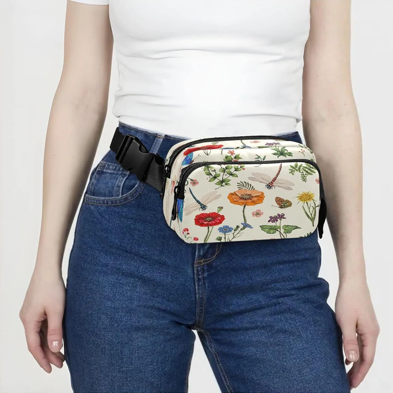 Exnundod Fanny Waist Pack for Women Man Spring Floral Dragonfly Crossbody Bag Butterfly Leaves Waist Bag for Casual Running Hiking Adjustable Belt Bum Bag