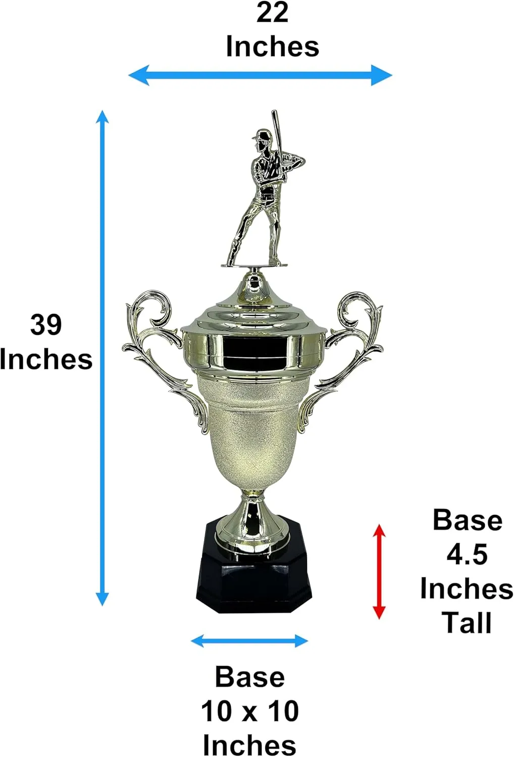 Express Medals Giant 39 Inch Tall 22 Inch Wide Gold Trophy Cup Award with Various Sport and Activity Figure Tops. Includes Attached Plate with up to 5 Lines of Your Custom Engraved Text.