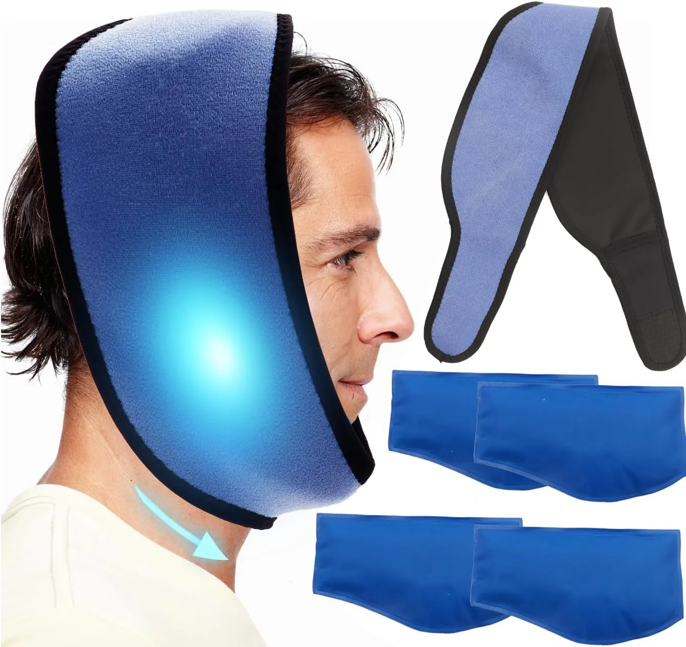 Face ice Pack for Jaw, Toothache Ice Pack Cold Compress for Head and Chin, Reusable Hot or Cold Gel Packs Pain Relief for TMJ, Oral and Facial Surgery, Dental Implants (1 Wrap 4 Ice Pack)