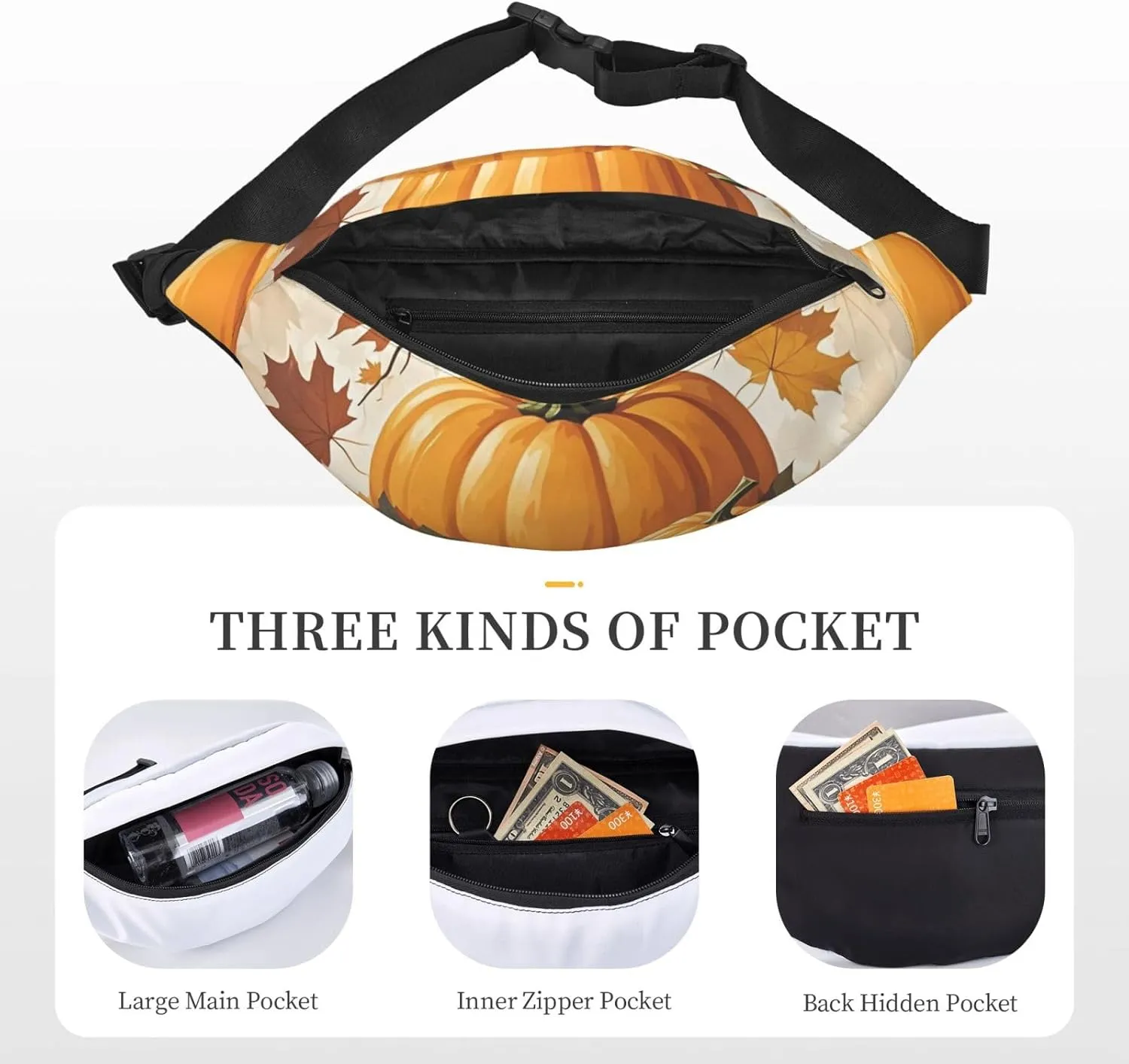 Fanny Pack Belt Bag for Women Men Waterproof Waist Pack Chickens and Farm Waist Bag with Adjustable Strap, Autumn Pumpkin Maple Leaves, One Size