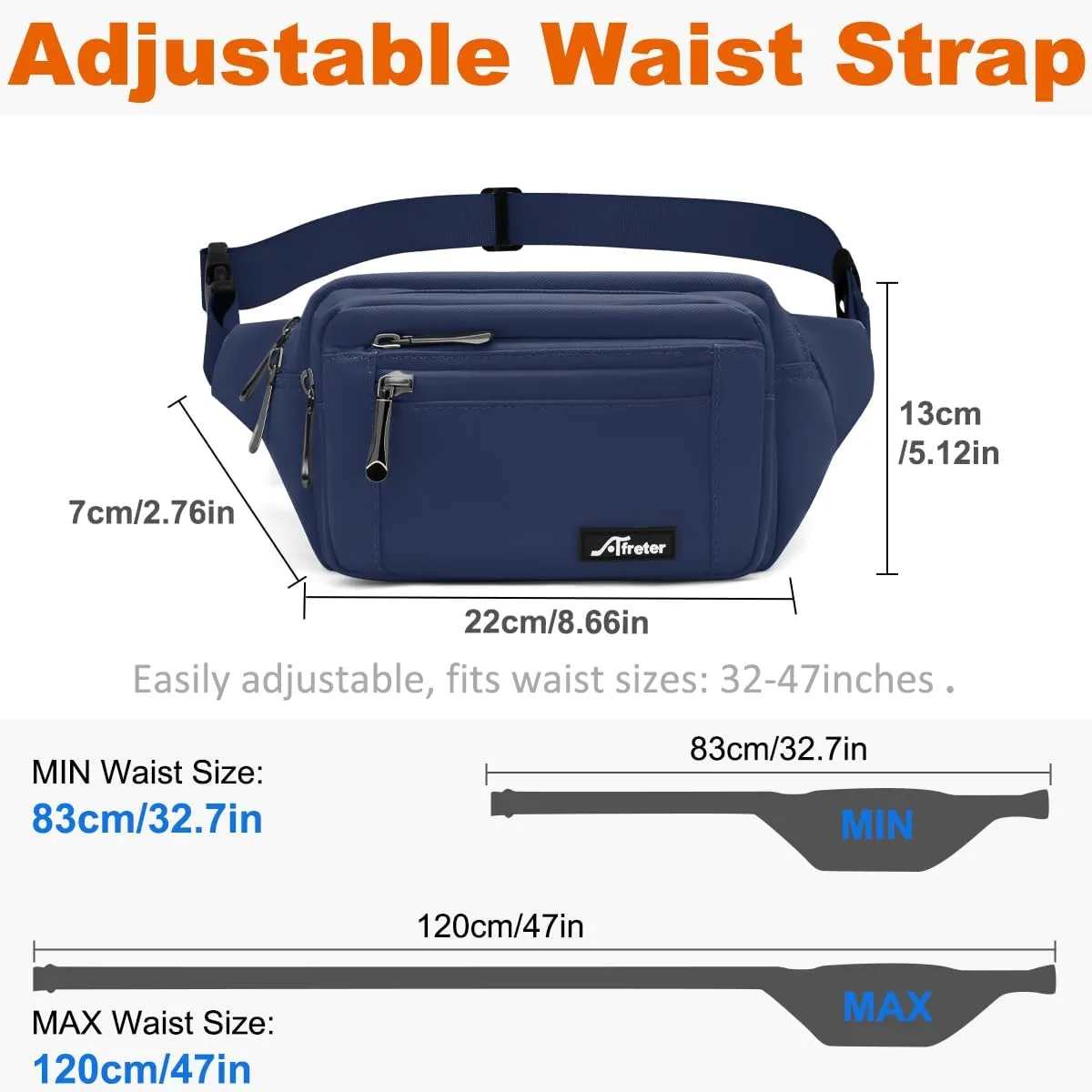 Fanny Pack for Men Women Waterproof Waist Pack Lightweight Belt Bag with 5-Zipper Pockets Crossbody Bag with Adjustable Strap for Sports Traveling Running Hiking (Deep Blue)