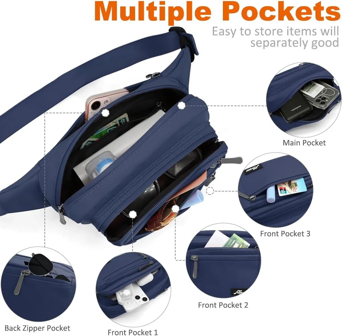 Fanny Pack for Men Women Waterproof Waist Pack Lightweight Belt Bag with 5-Zipper Pockets Crossbody Bag with Adjustable Strap for Sports Traveling Running Hiking (Deep Blue)