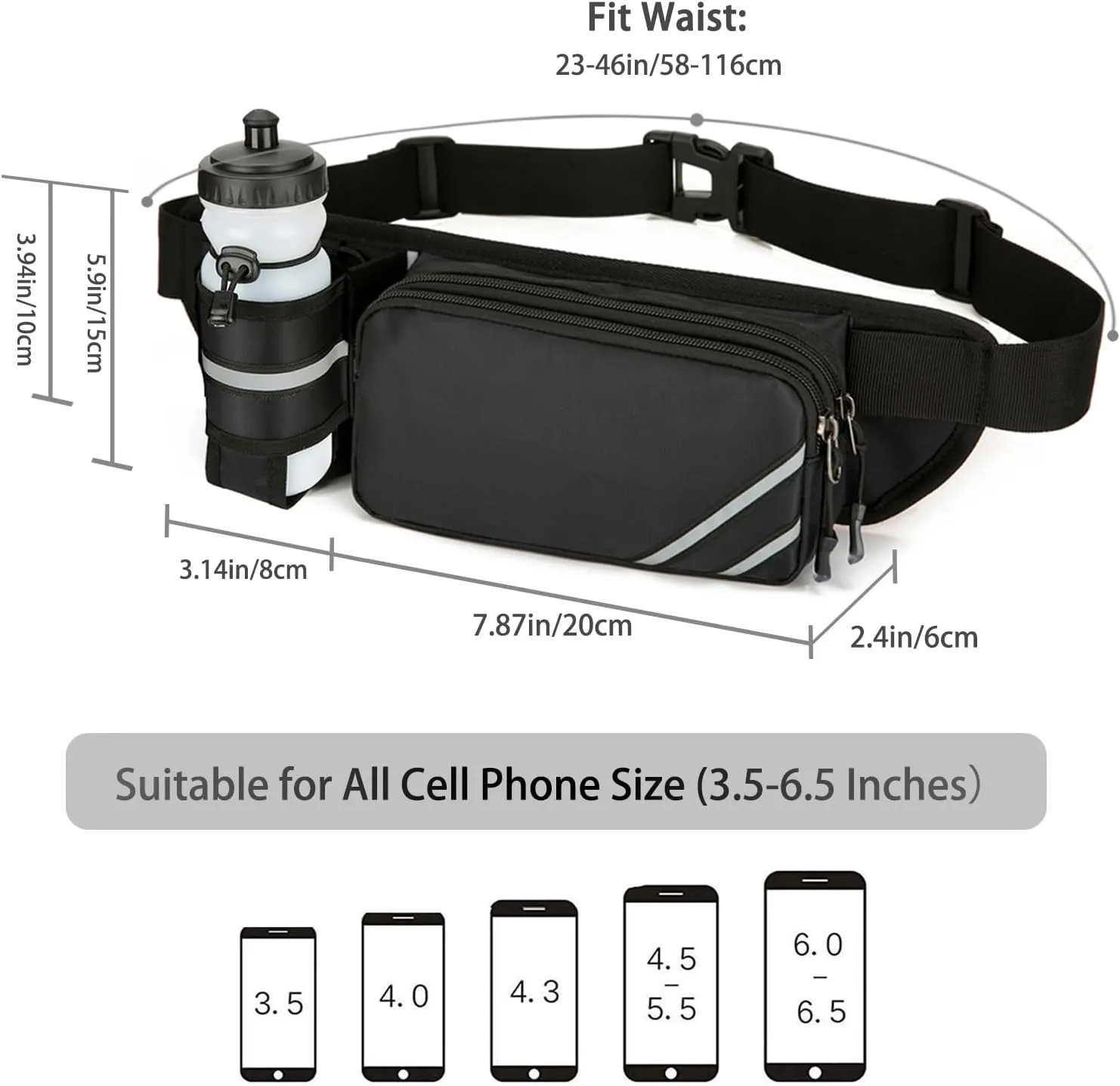 Fanny Pack with Water Bottle Holder for Men Women – Large Hiking Fanny Pack with Adjustable Strap Belt for Cycling Hiking Dog Walking Outdoor, Water Resistant Pack Black(Bottle Not Included)