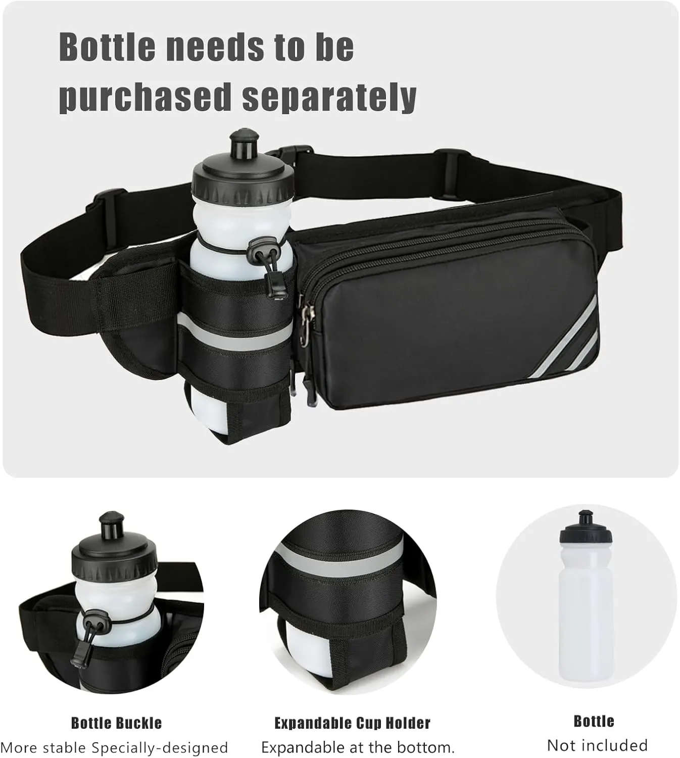 Fanny Pack with Water Bottle Holder for Men Women – Large Hiking Fanny Pack with Adjustable Strap Belt for Cycling Hiking Dog Walking Outdoor, Water Resistant Pack Black(Bottle Not Included)