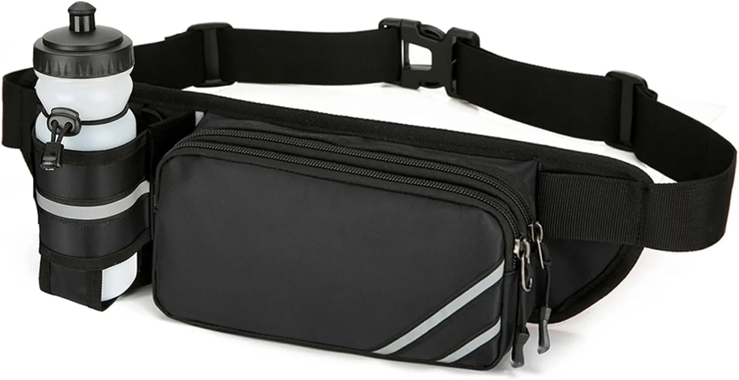 Fanny Pack with Water Bottle Holder for Men Women – Large Hiking Fanny Pack with Adjustable Strap Belt for Cycling Hiking Dog Walking Outdoor, Water Resistant Pack Black(Bottle Not Included)