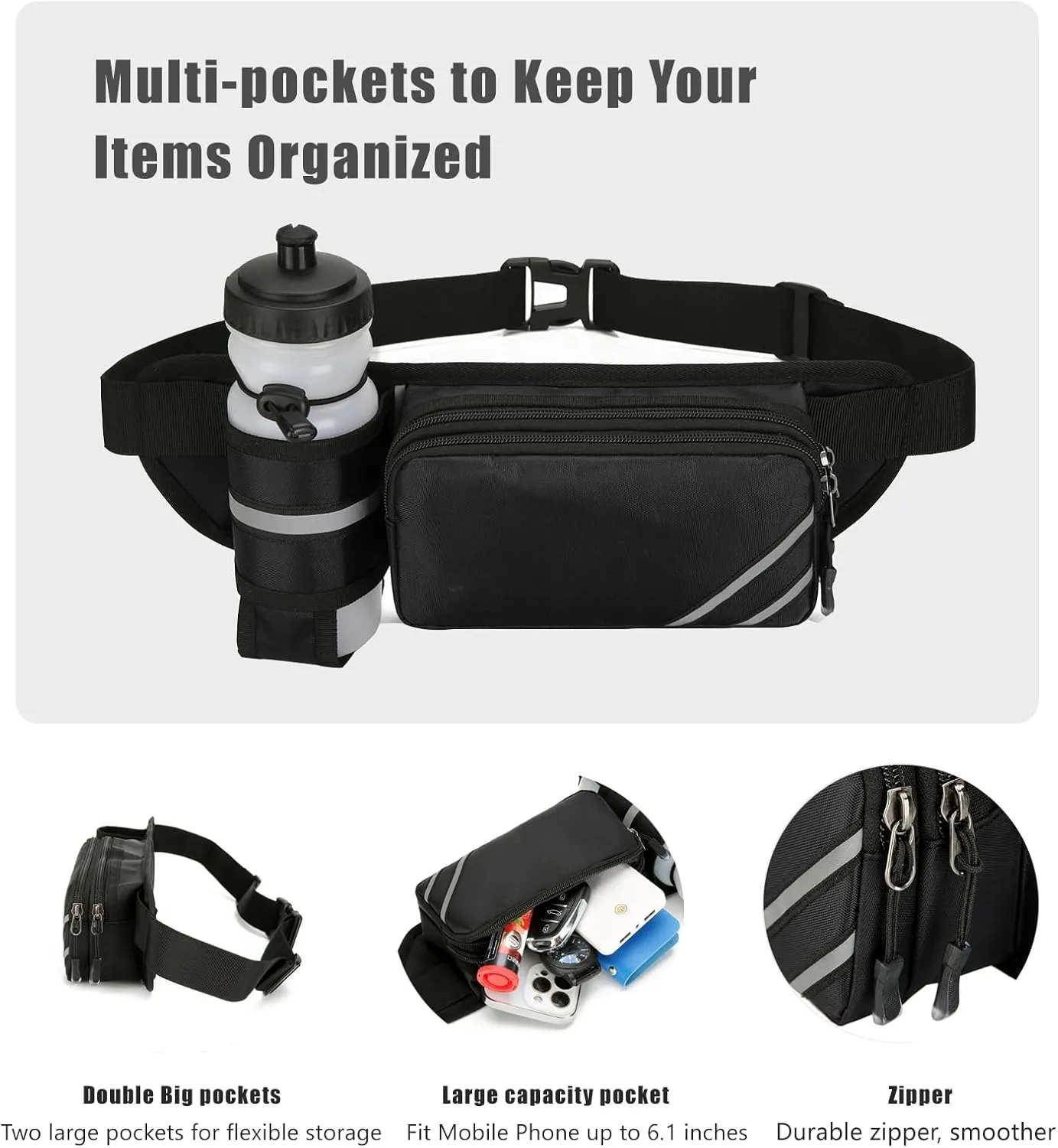 Fanny Pack with Water Bottle Holder for Men Women – Large Hiking Fanny Pack with Adjustable Strap Belt for Cycling Hiking Dog Walking Outdoor, Water Resistant Pack Black(Bottle Not Included)