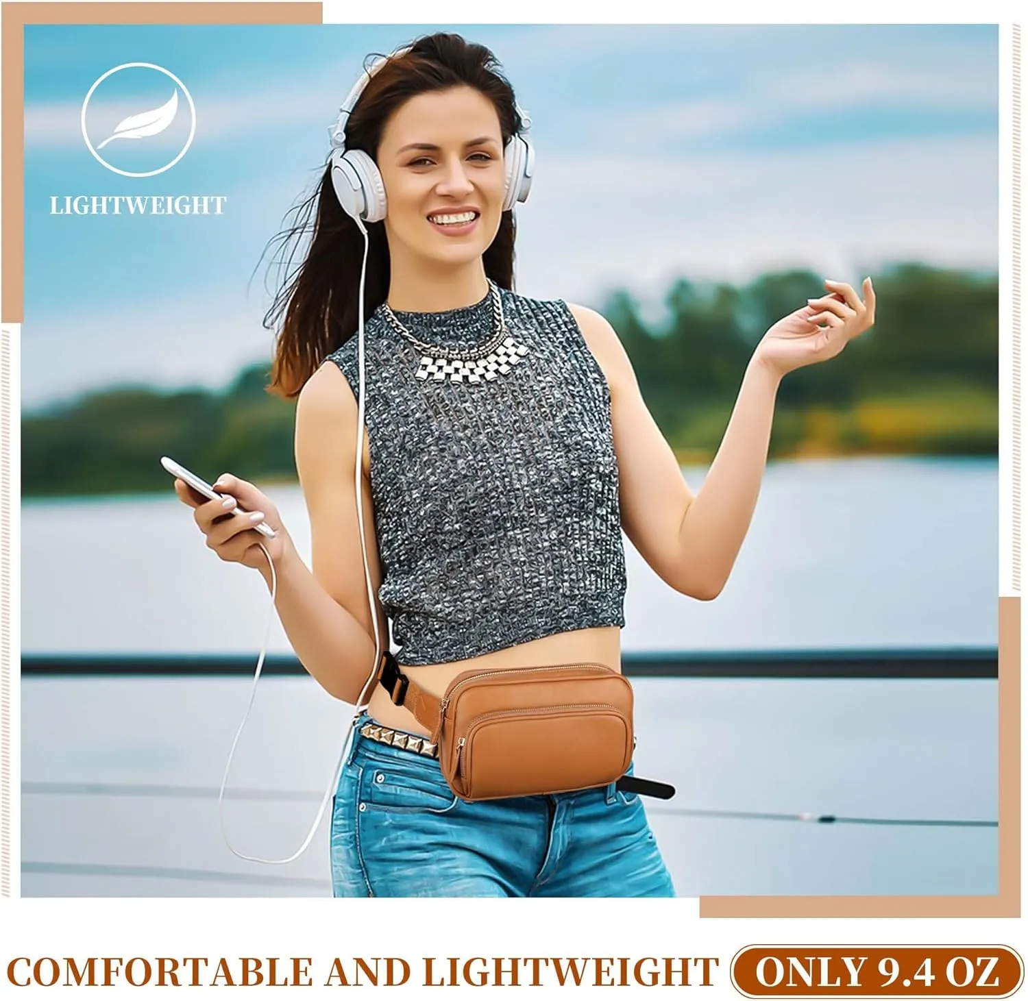 Fanny Packs for Women, Leather Fanny Pack Belt Bag for Women Men with Multi-Pockets Adjustable Belts 4 Card Slots, Brown Fanny Pack Cross Body Fashion Waist Packs for Running Shopping Everyday Travel