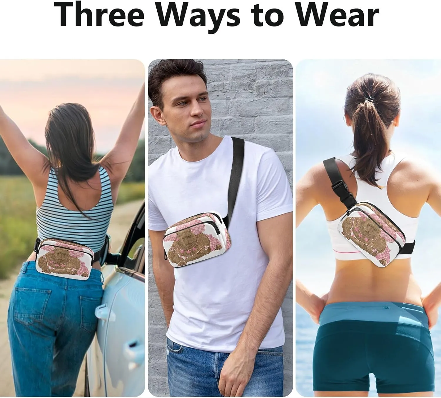 Fanny Packs for Women Men Capybara Wearing Pink Dress Belt Bag Waterproof Fashion Waist Pack with Adjustable Strap Waist Bag Hip Bumbags for Running Workout Travel Hiking Cycling