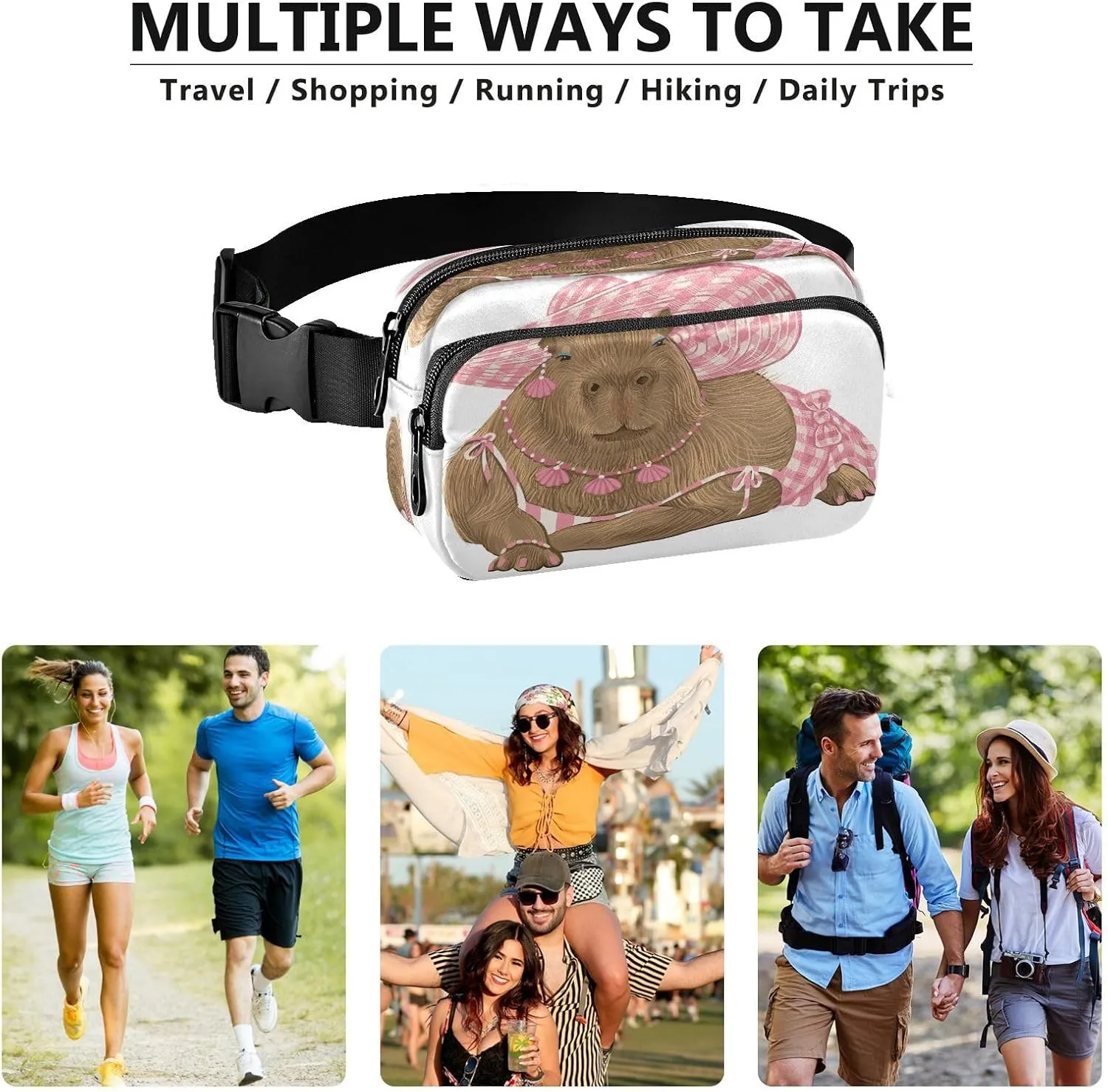 Fanny Packs for Women Men Capybara Wearing Pink Dress Belt Bag Waterproof Fashion Waist Pack with Adjustable Strap Waist Bag Hip Bumbags for Running Workout Travel Hiking Cycling