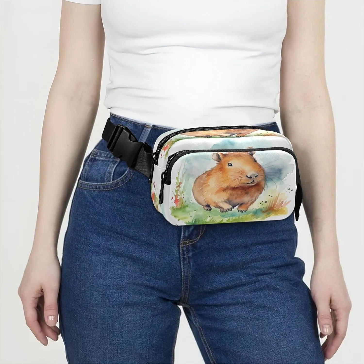 Fanny Packs for Women Men Cute Running Capybara Belt Bag Waterproof Fashion Waist Pack with Adjustable Strap Watercolor Painting Waist Bag Hip Bumbags for Running Workout Travel Hiking Cycling