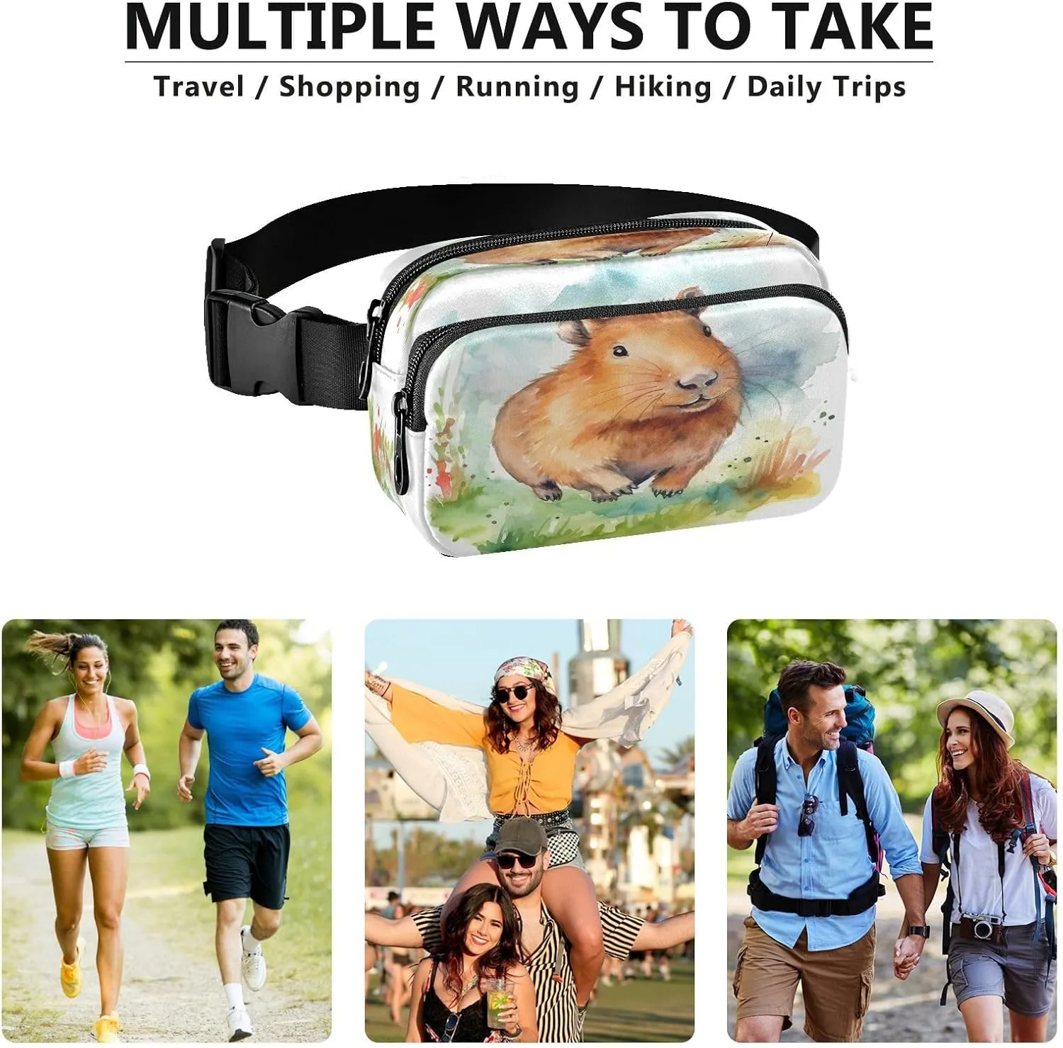 Fanny Packs for Women Men Cute Running Capybara Belt Bag Waterproof Fashion Waist Pack with Adjustable Strap Watercolor Painting Waist Bag Hip Bumbags for Running Workout Travel Hiking Cycling
