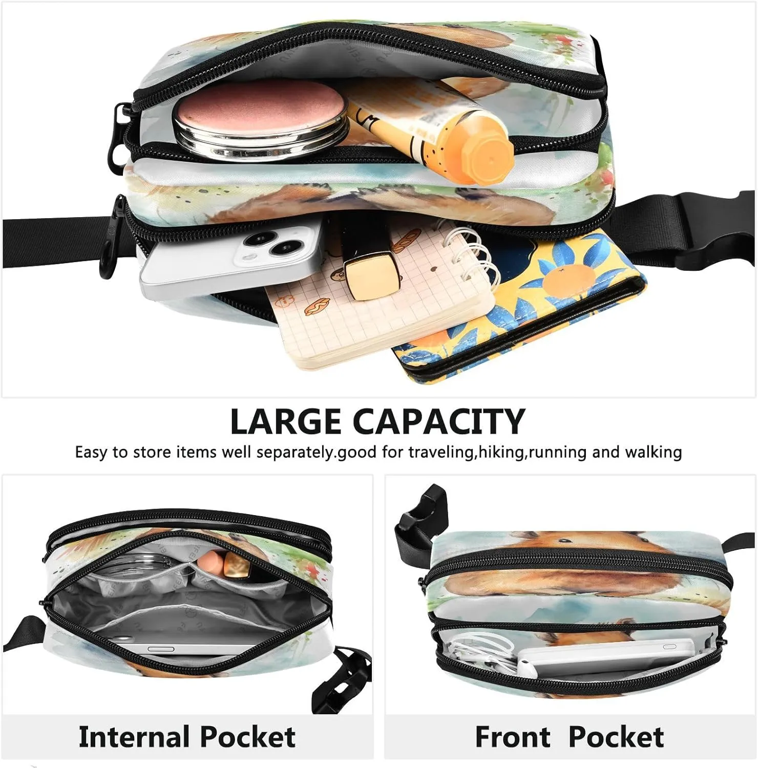 Fanny Packs for Women Men Cute Running Capybara Belt Bag Waterproof Fashion Waist Pack with Adjustable Strap Watercolor Painting Waist Bag Hip Bumbags for Running Workout Travel Hiking Cycling