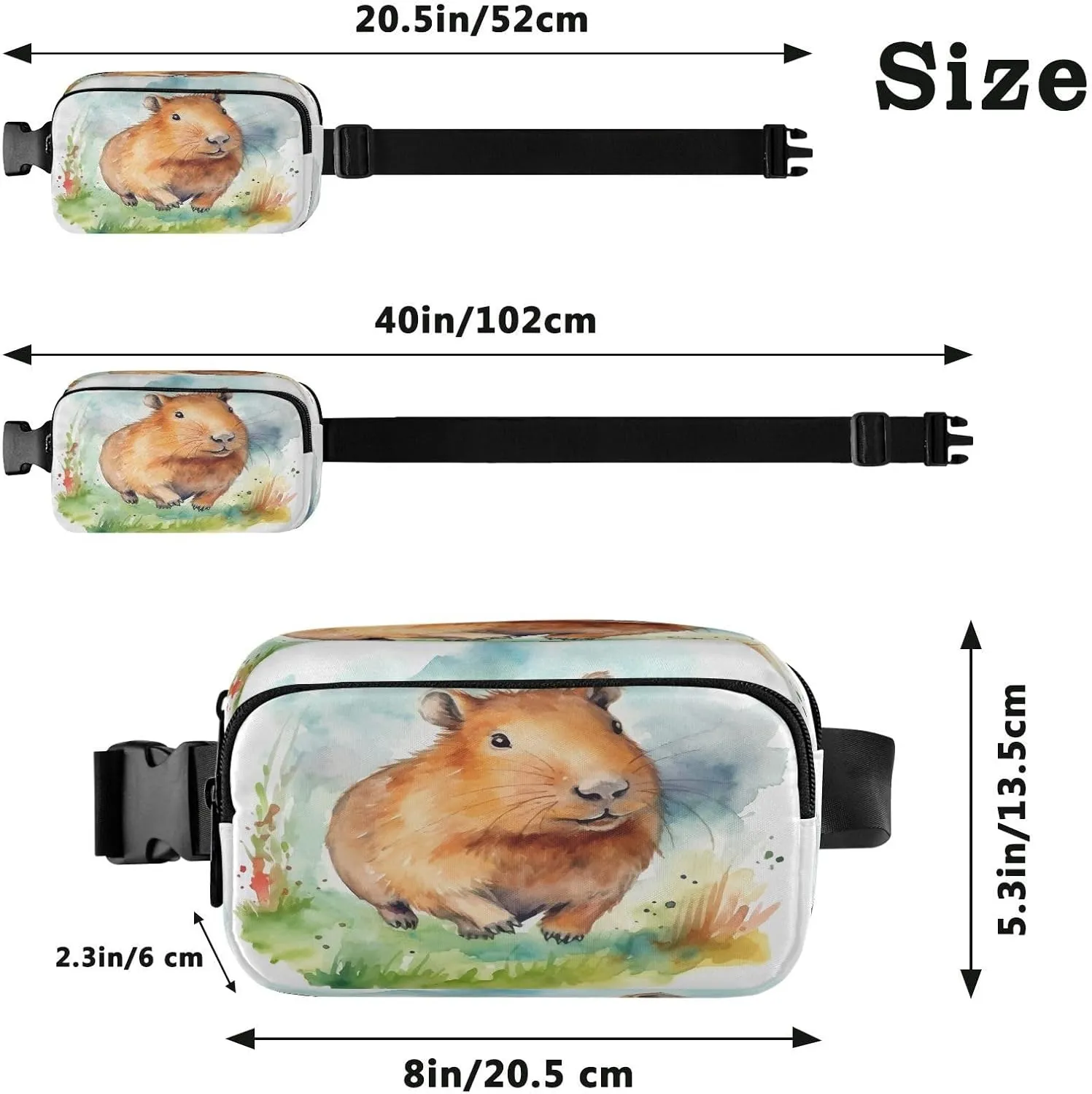 Fanny Packs for Women Men Cute Running Capybara Belt Bag Waterproof Fashion Waist Pack with Adjustable Strap Watercolor Painting Waist Bag Hip Bumbags for Running Workout Travel Hiking Cycling