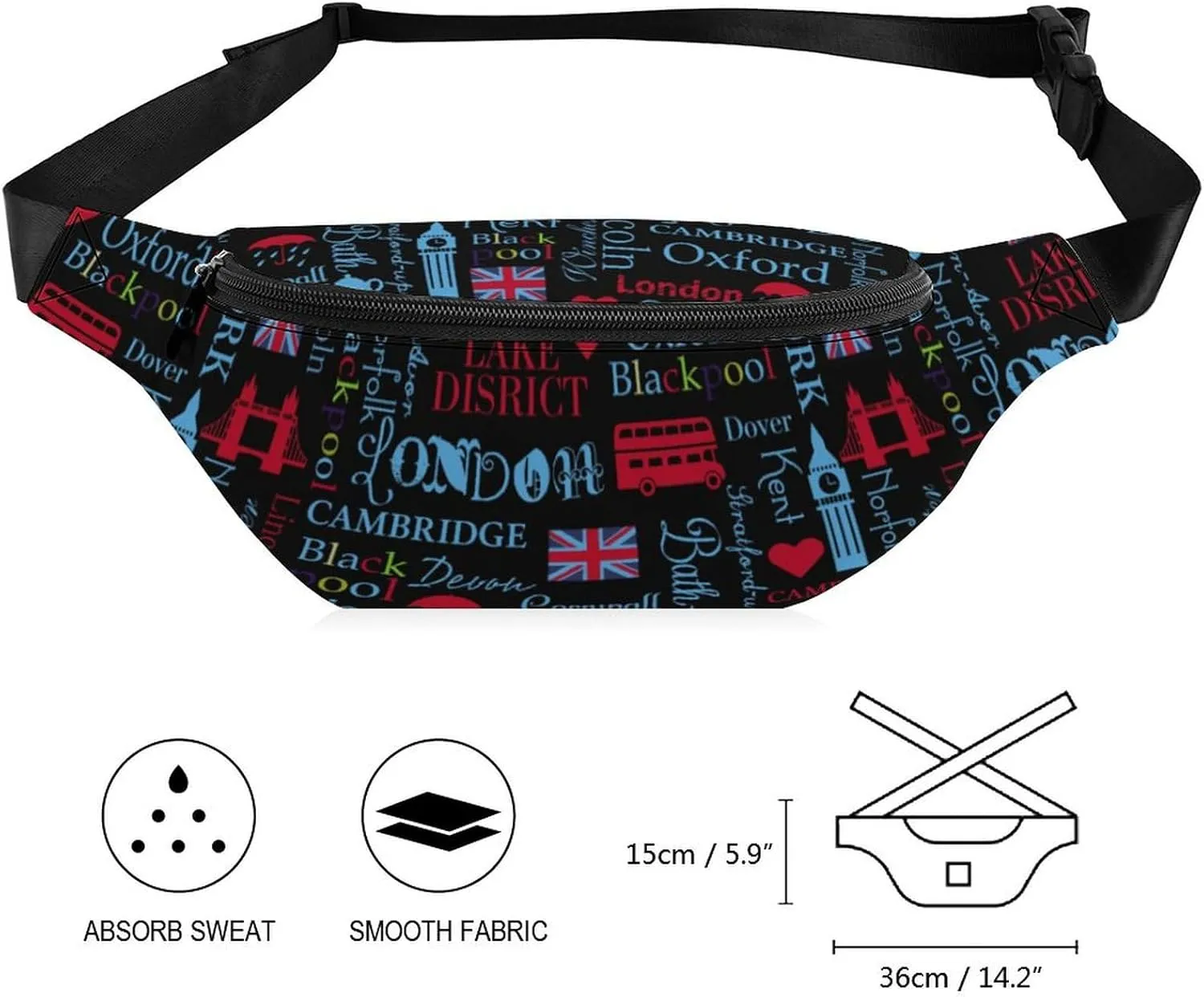 Fashion London Theme Unisex Belt Bag Crossbody Bag Fanny Pack Waist Pack Suitable for Travel And Sports, 36*15cm, style-19-2