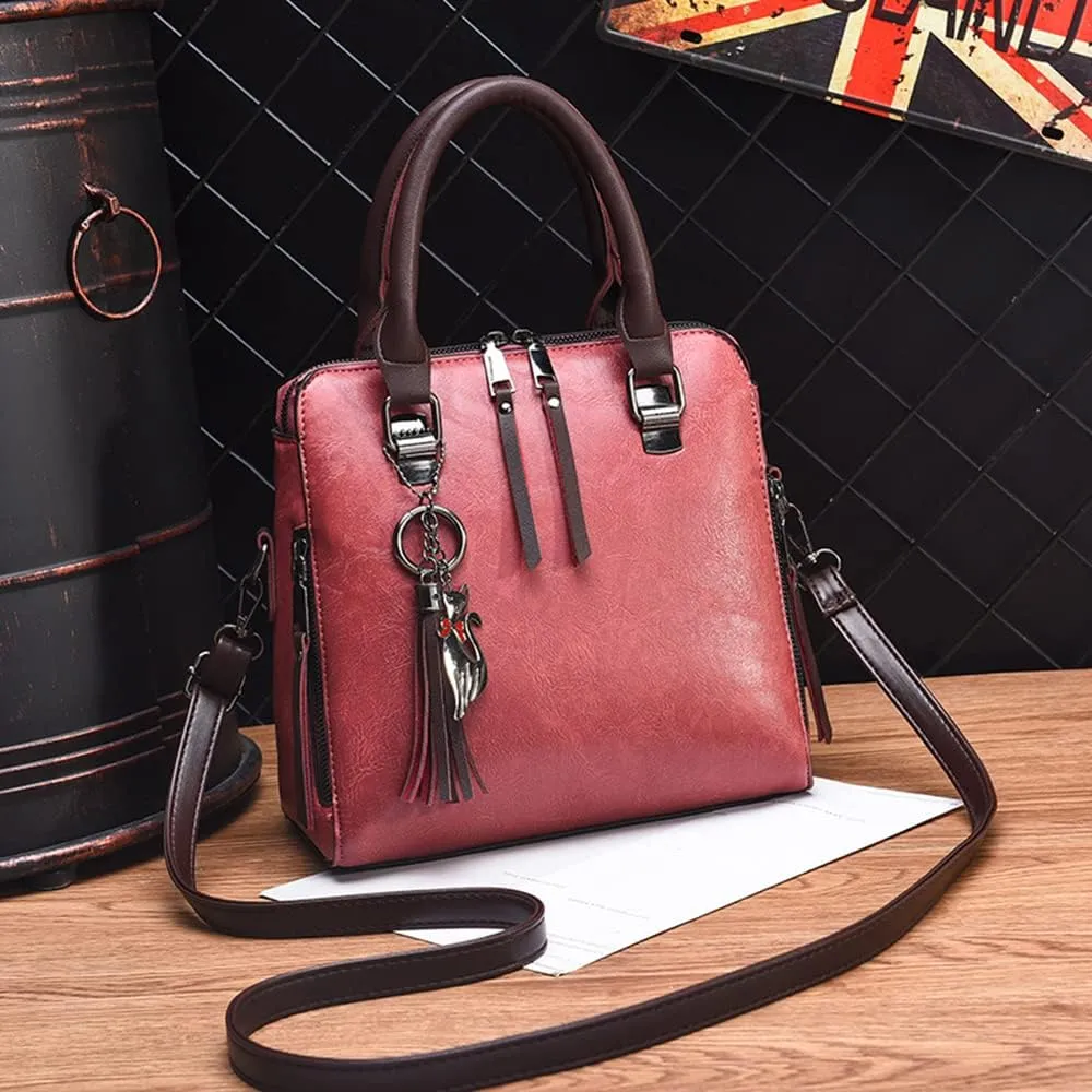 Fashion Retro Double Handle Satchel Handbag for Women Leather Crossbody Purse Top Handle Shoulder Bag Totes (Black)