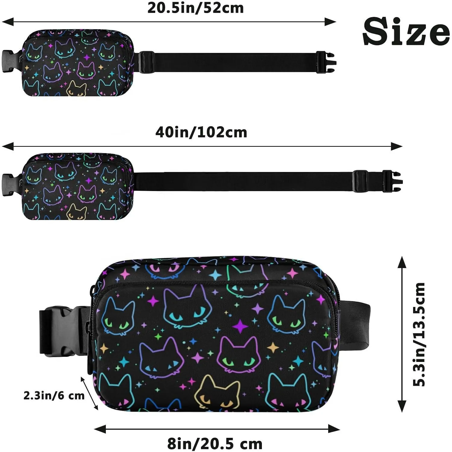 Fashion Waist Pack Crossbody Bags for Women Men with Adjustable Strap, Colorful Neon Cat Heads Mini Chest Bag Belt Bag for Run Travel Outdoor Cycling Hiking