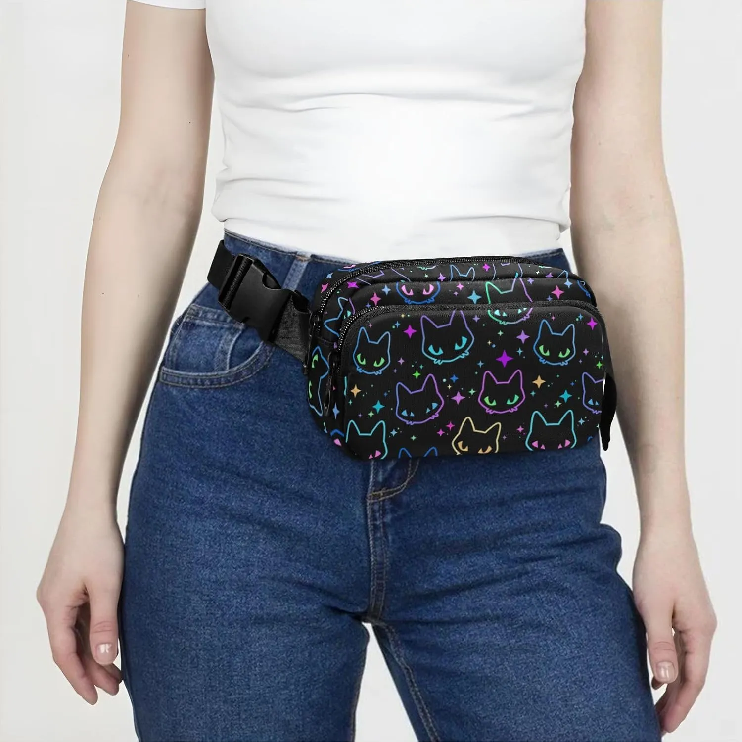 Fashion Waist Pack Crossbody Bags for Women Men with Adjustable Strap, Colorful Neon Cat Heads Mini Chest Bag Belt Bag for Run Travel Outdoor Cycling Hiking
