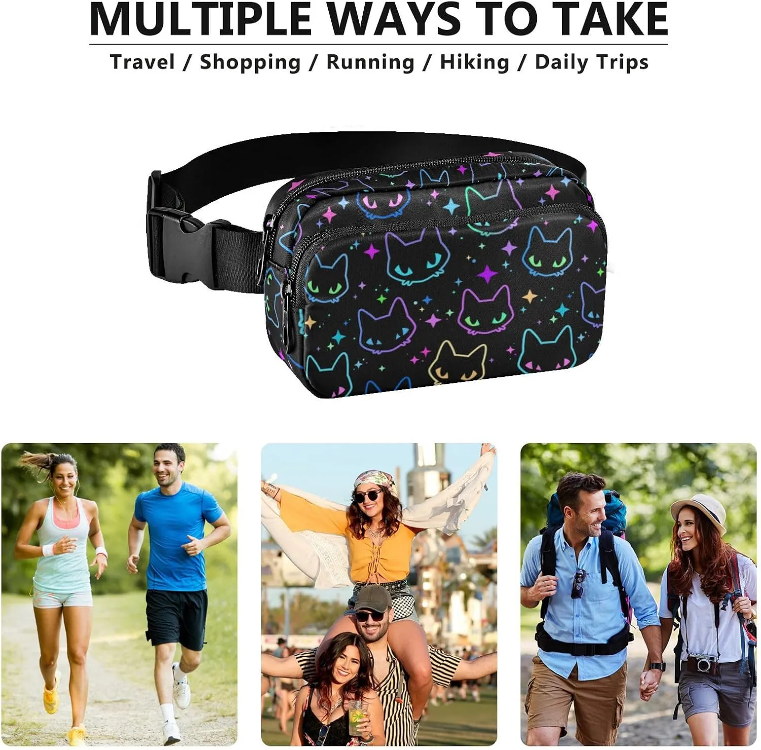 Fashion Waist Pack Crossbody Bags for Women Men with Adjustable Strap, Colorful Neon Cat Heads Mini Chest Bag Belt Bag for Run Travel Outdoor Cycling Hiking