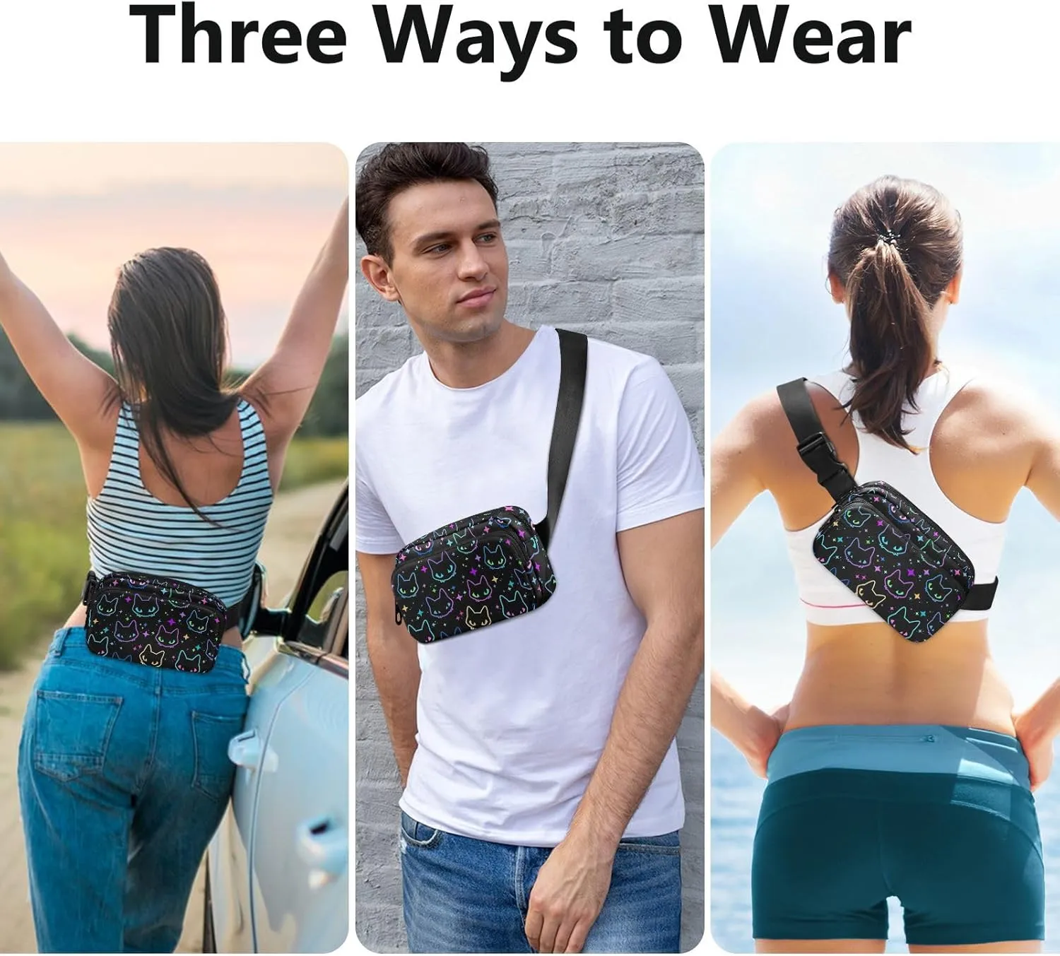 Fashion Waist Pack Crossbody Bags for Women Men with Adjustable Strap, Colorful Neon Cat Heads Mini Chest Bag Belt Bag for Run Travel Outdoor Cycling Hiking
