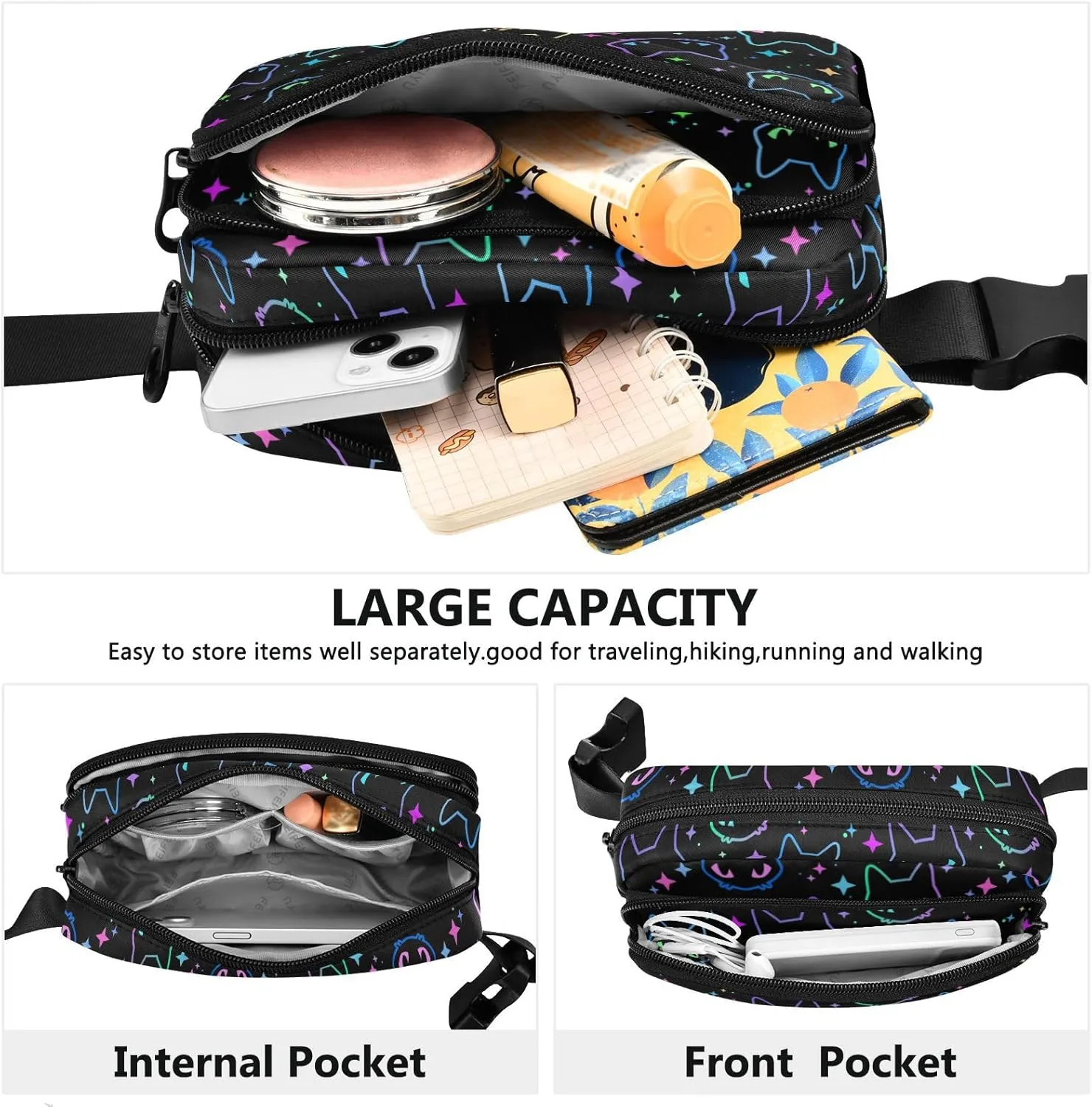 Fashion Waist Pack Crossbody Bags for Women Men with Adjustable Strap, Colorful Neon Cat Heads Mini Chest Bag Belt Bag for Run Travel Outdoor Cycling Hiking