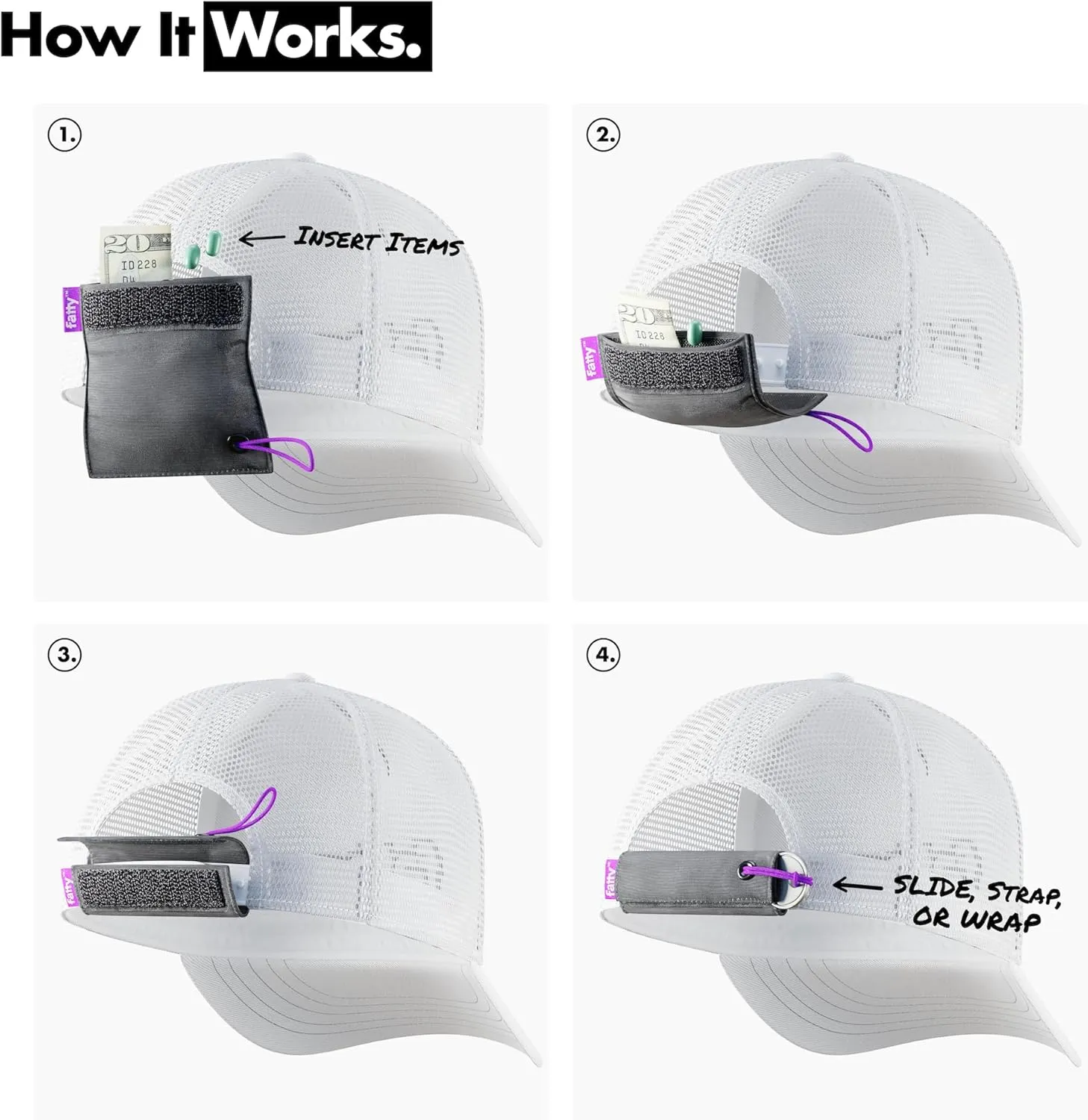 FATTYPACK - Attachable Storage Pocket For Hats - Store Cash, Medicine, Gum, Keys, Pencils, Pens, Golf Tees, etc.