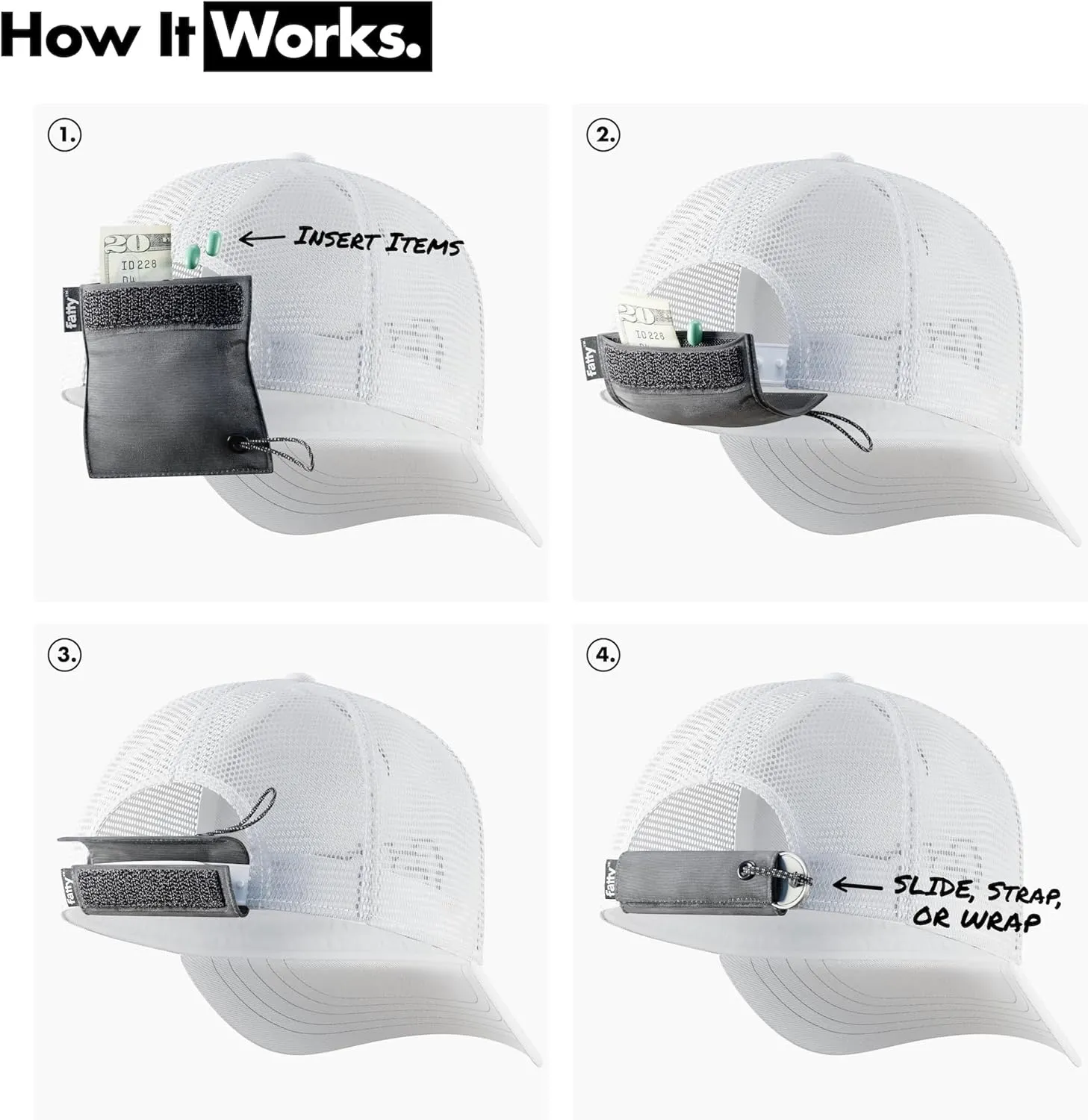 FATTYPACK - Attachable Storage Pocket for Hats - Store Cash, Medicine, Gum, Keys, Pencils, Pens, Golf Tees, etc.