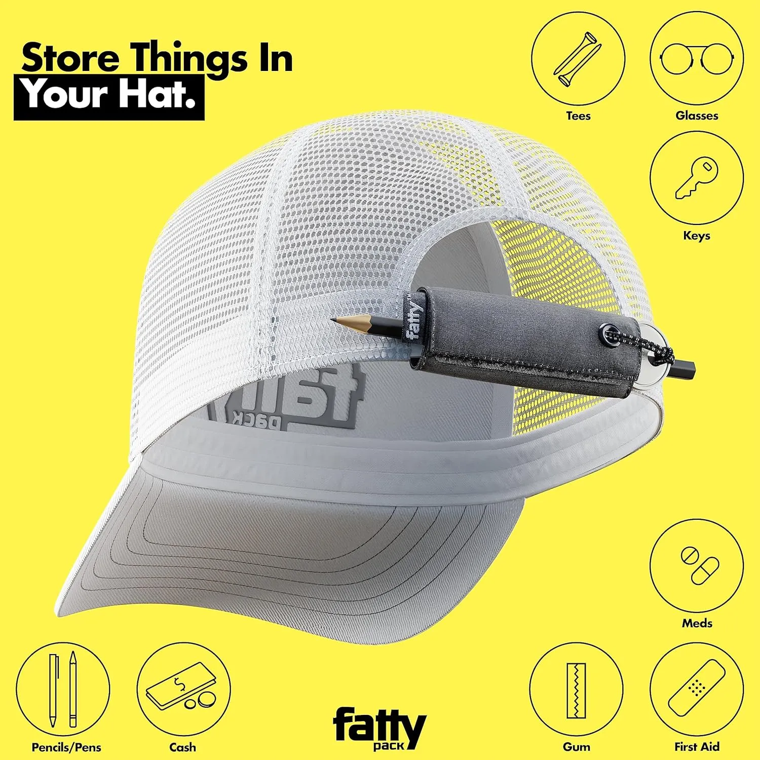 FATTYPACK - Attachable Storage Pocket for Hats - Store Cash, Medicine, Gum, Keys, Pencils, Pens, Golf Tees, etc.